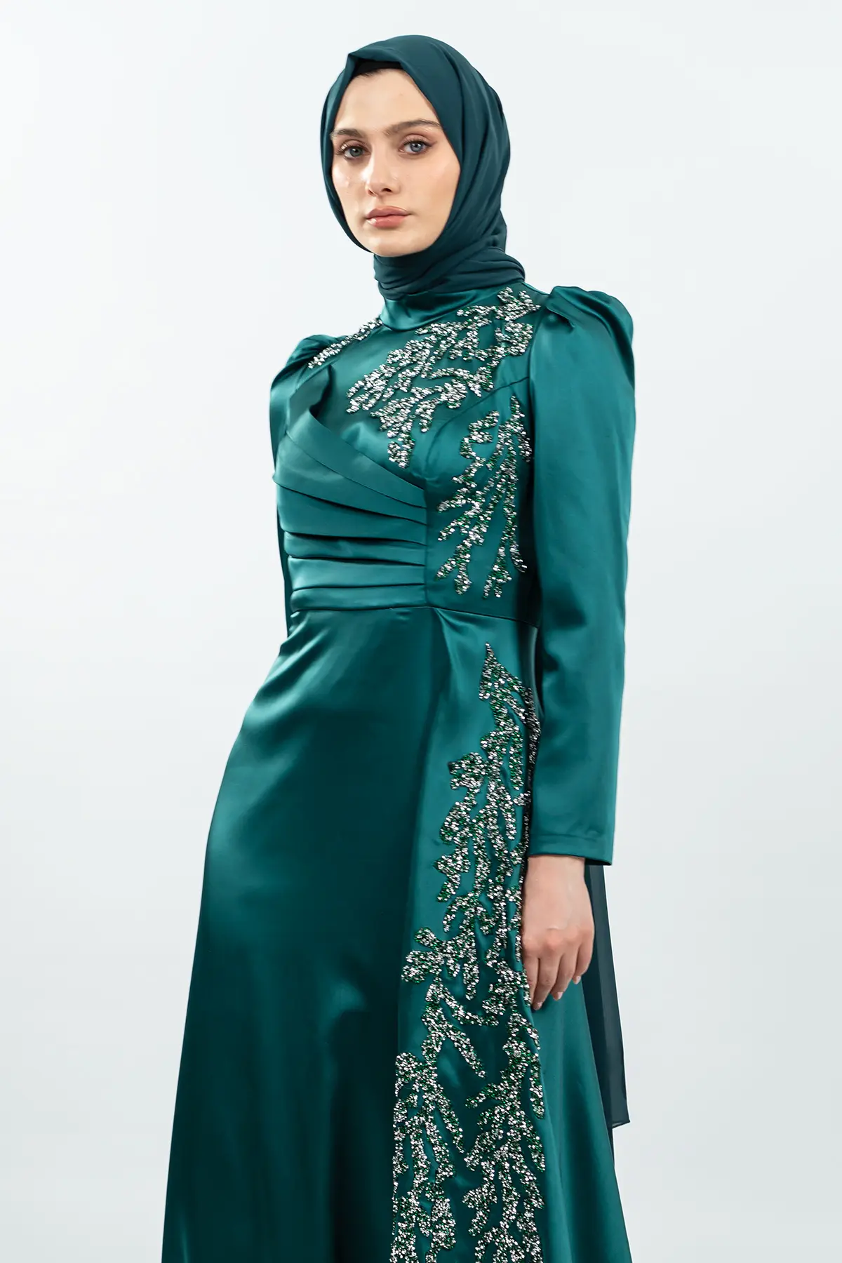 Özel Tasarım Taş Işlemeli Yeşil Tesettür Abiye-detail