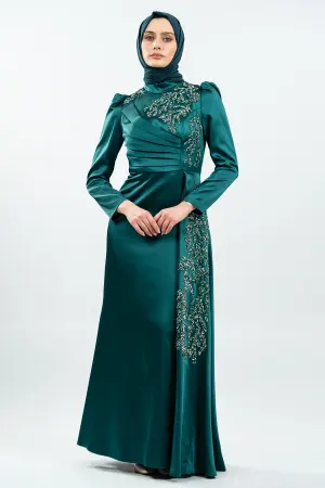 Özel Tasarım Taş Işlemeli Yeşil Tesettür Abiye