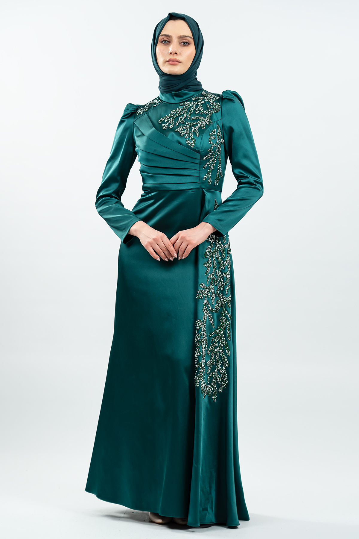 Özel Tasarım Taş Işlemeli Yeşil Tesettür Abiye