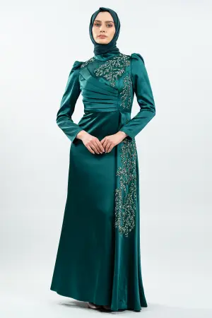 Özel Tasarım Taş Işlemeli Yeşil Tesettür Abiye