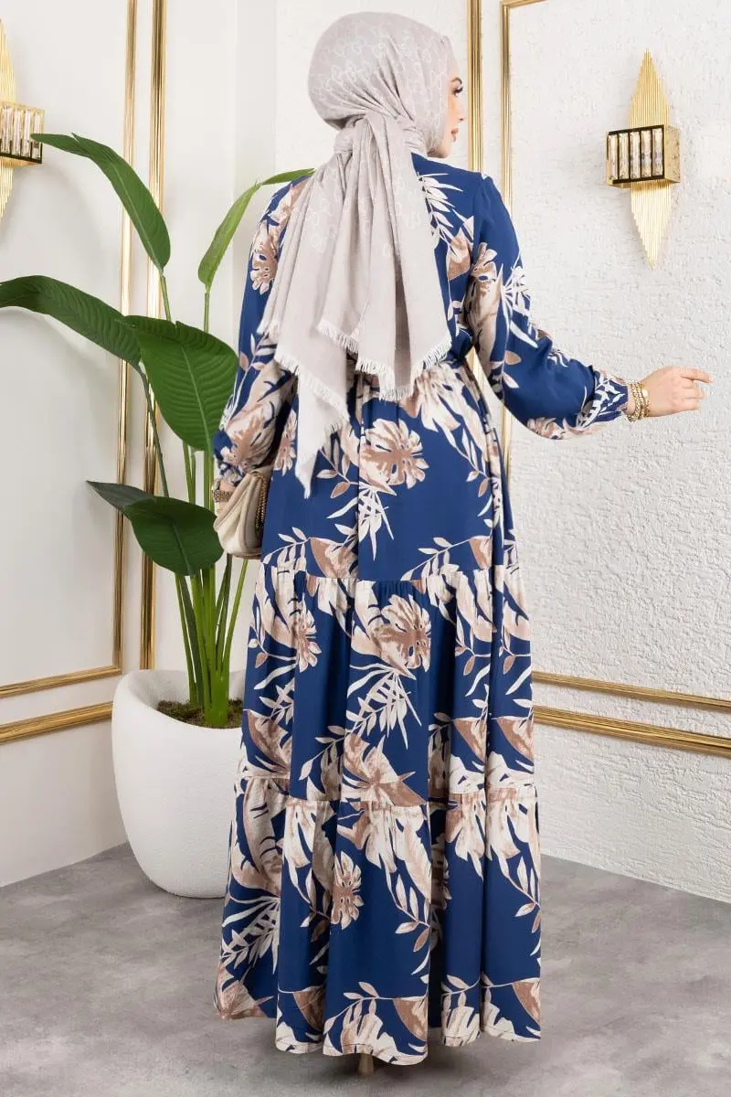 Palmiye Desenli Tesettür Elbise Indigo-detail