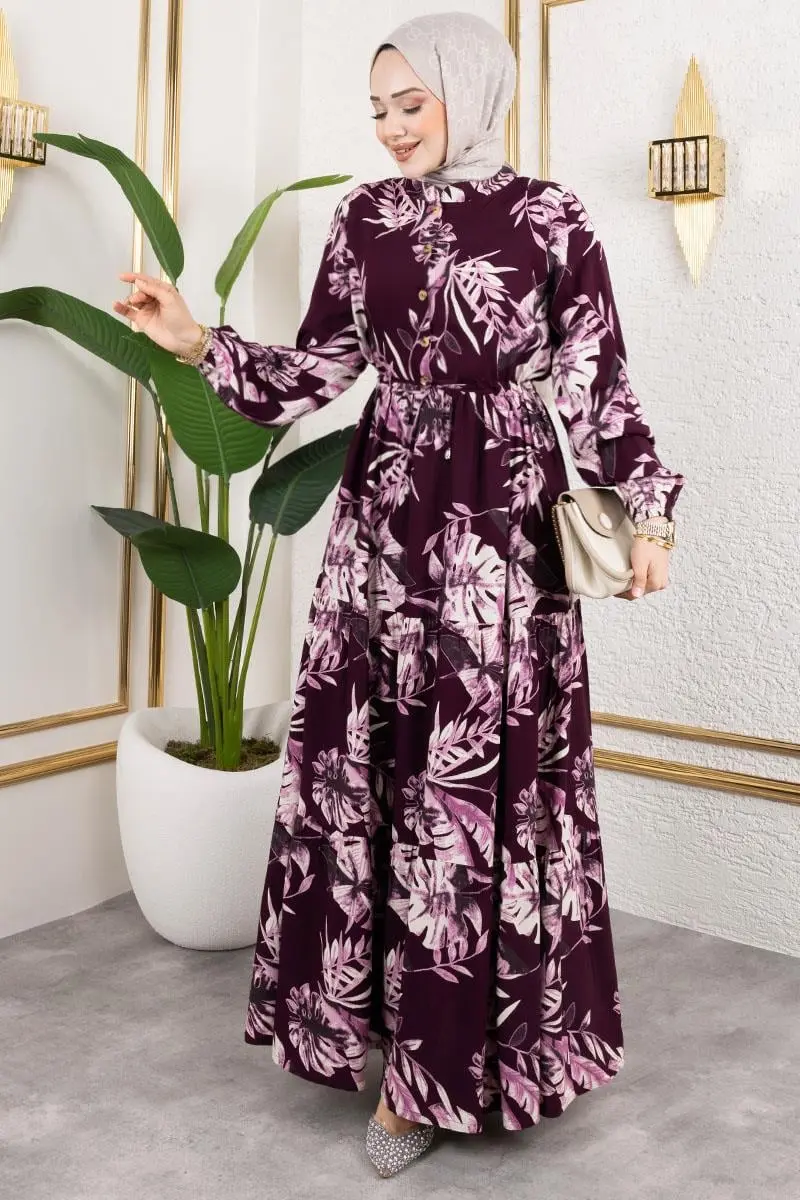 Palmiye Desenli Tesettür Elbise Mürdüm-detail