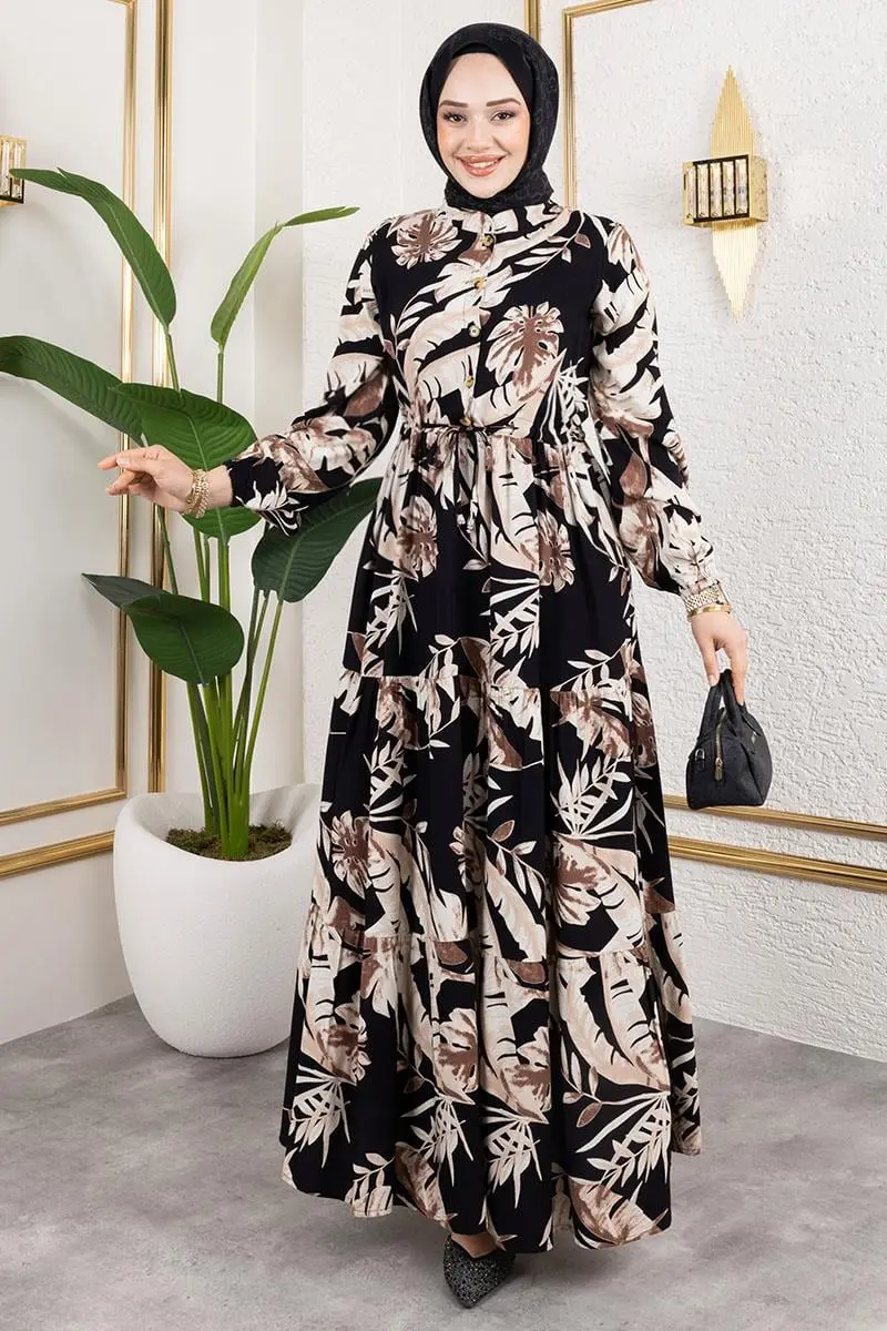 Palmiye Desenli Tesettür Elbise Siyah-detail