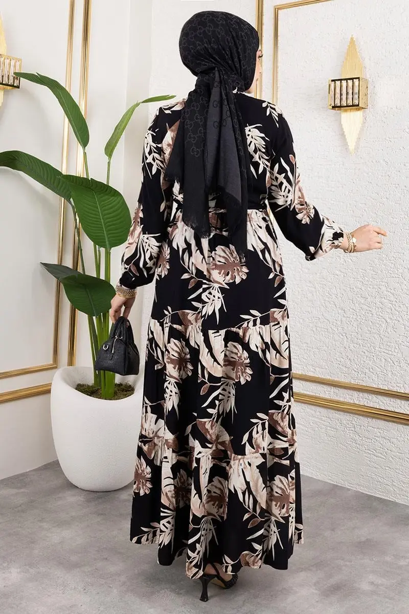 Palmiye Desenli Tesettür Elbise Siyah-detail