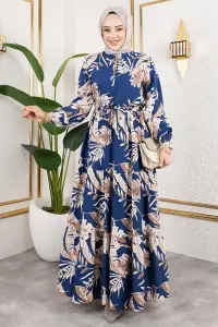 Palmiye Desenli Tesettür Elbise Indigo