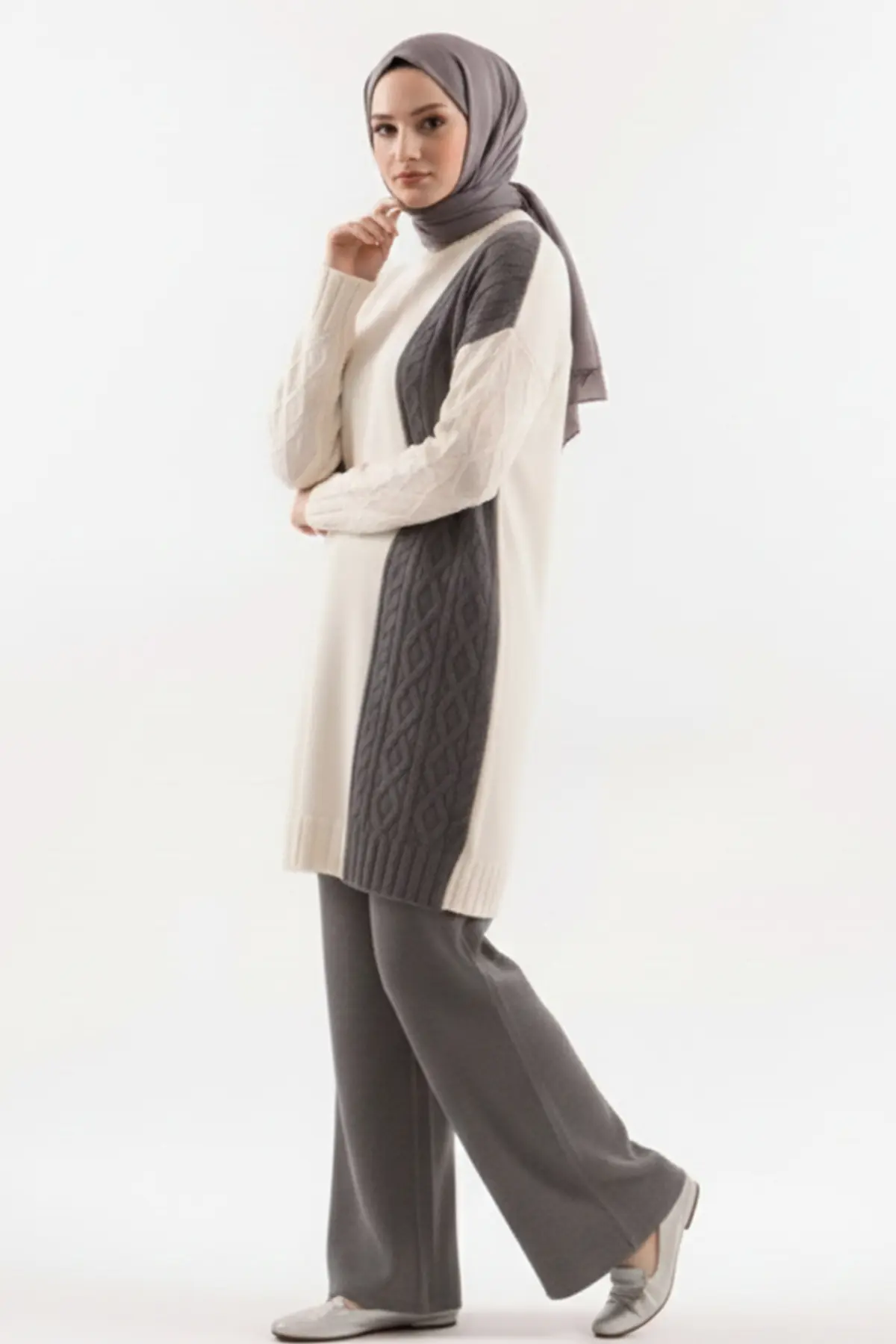 Patchwork Knit Pattern Sweater Set-detail