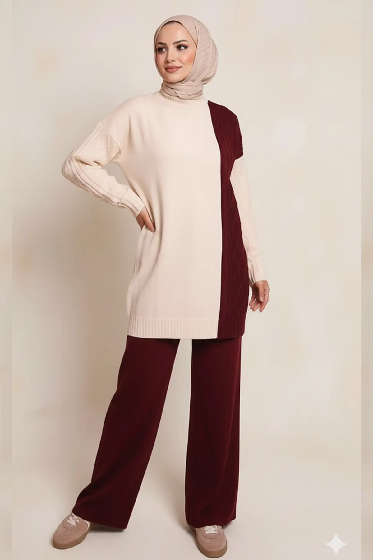 Parçalı Örgü Desen Triko Takım-detail