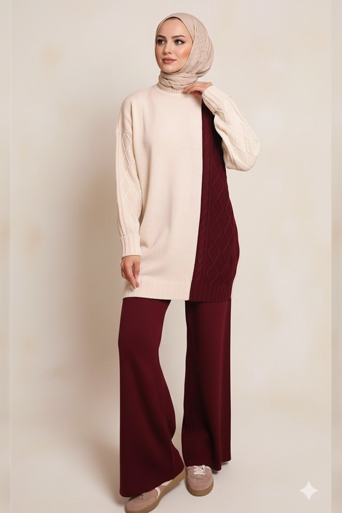 Patchwork Knit Pattern Sweater Set