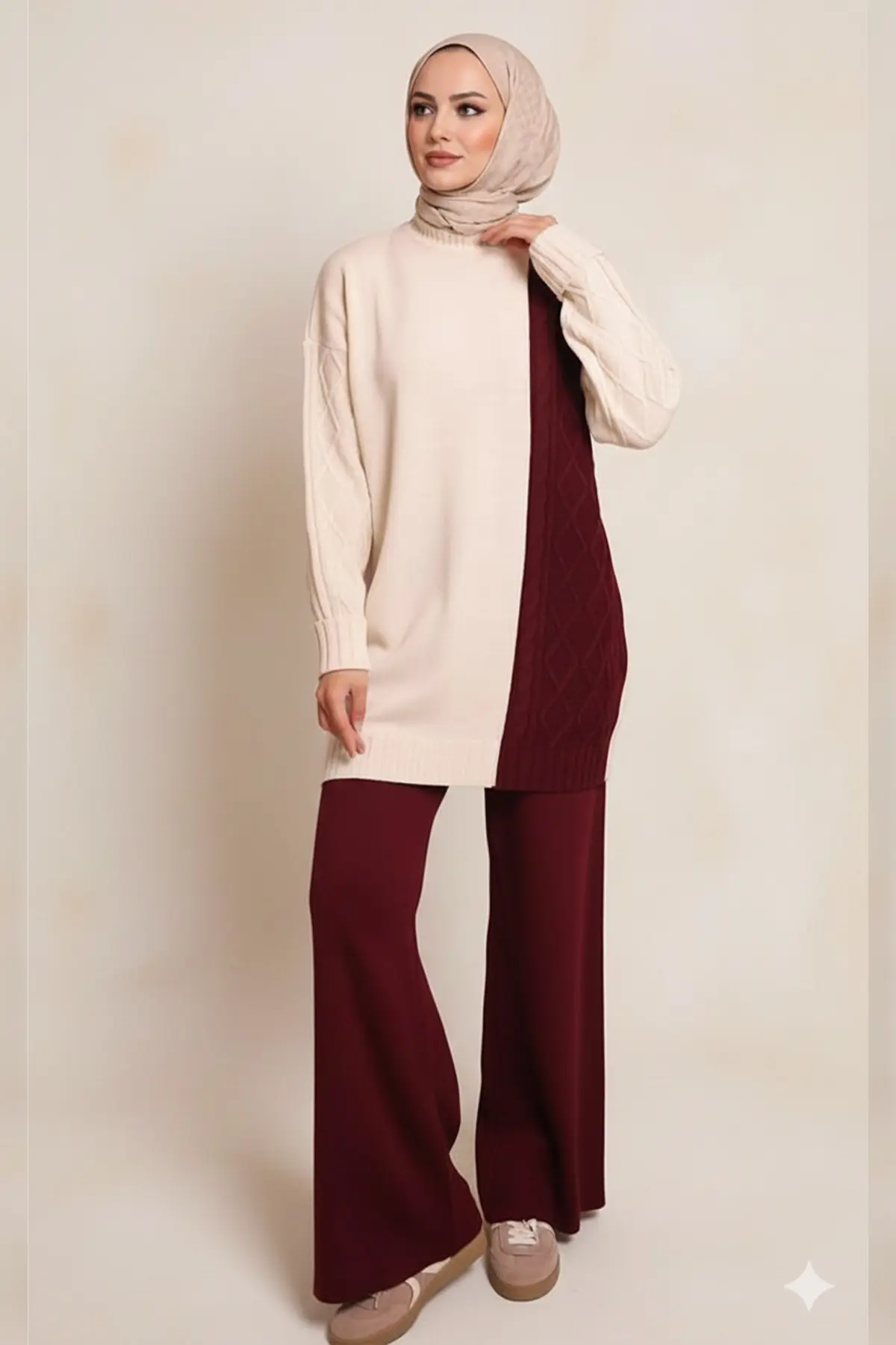 Patchwork Knit Pattern Sweater Set