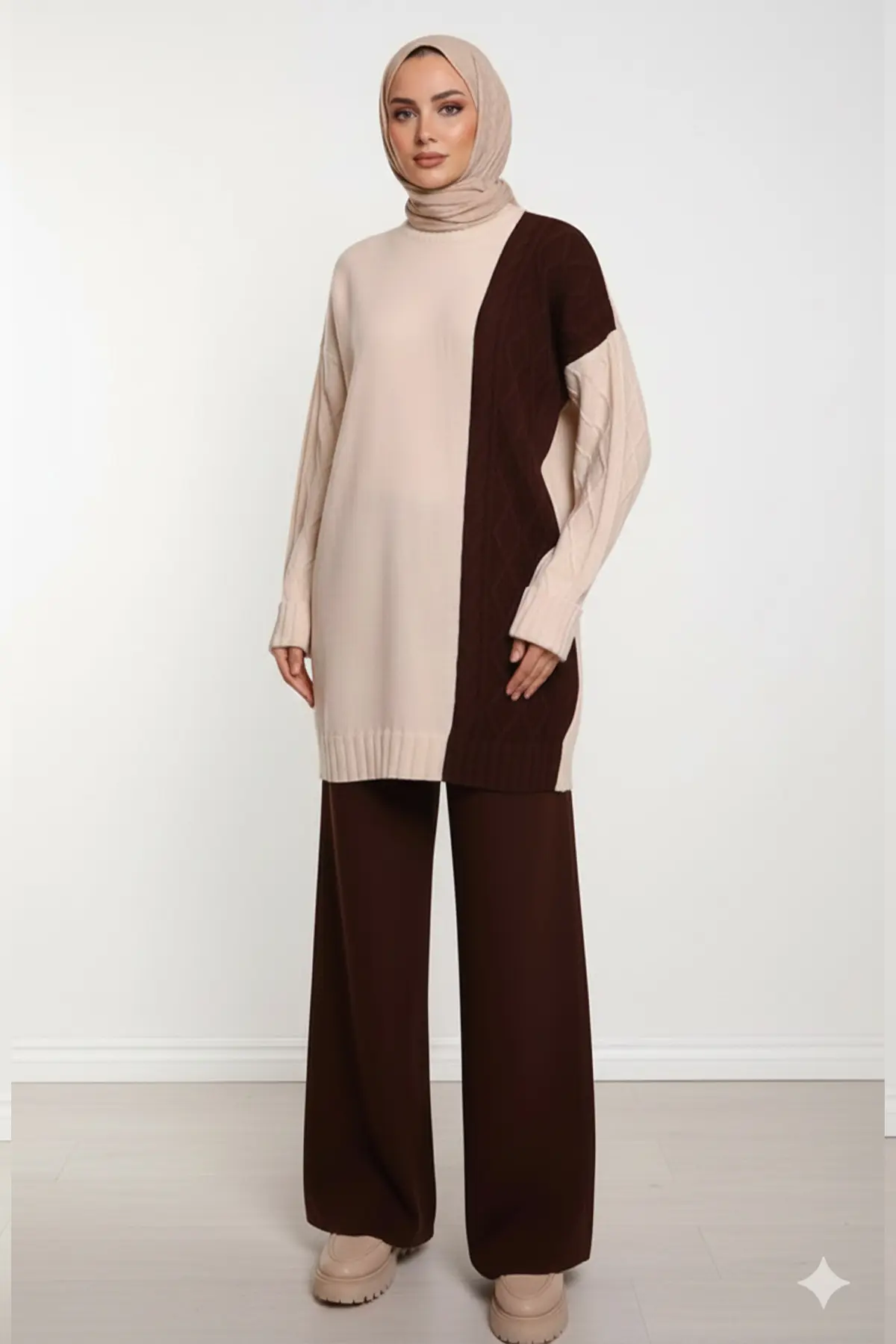 Patchwork Knit Pattern Sweater Set-detail