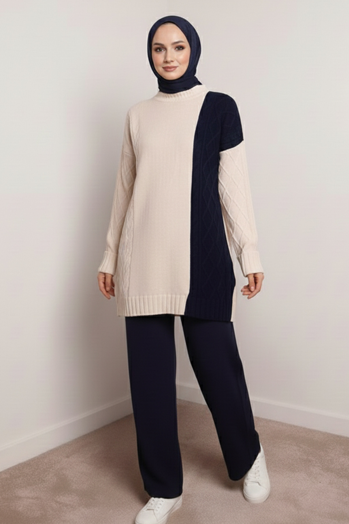 Patchwork Knit Pattern Sweater Set