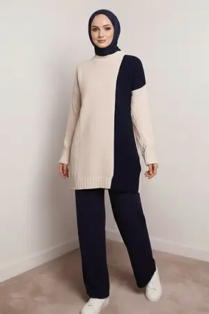 Parçalı Örgü Desen Triko Takım