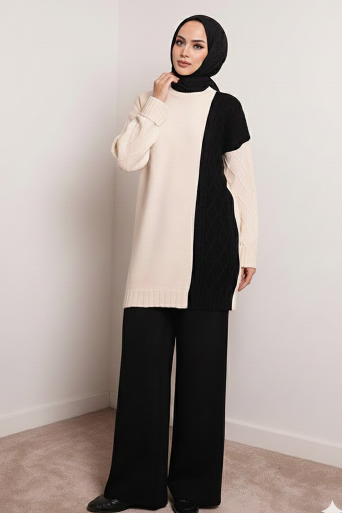 Parçalı Örgü Desen Triko Takım