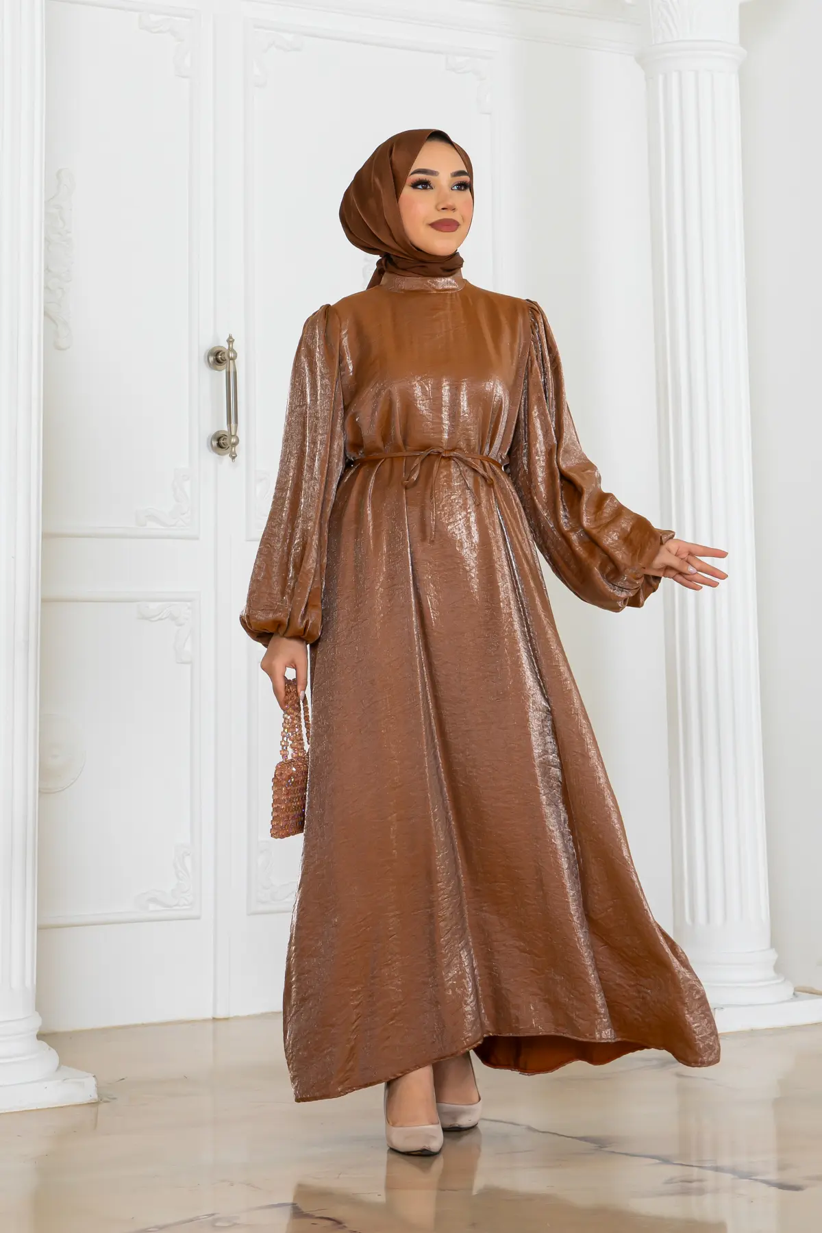 Shiny Satin Balloon Sleeve Dress-detail