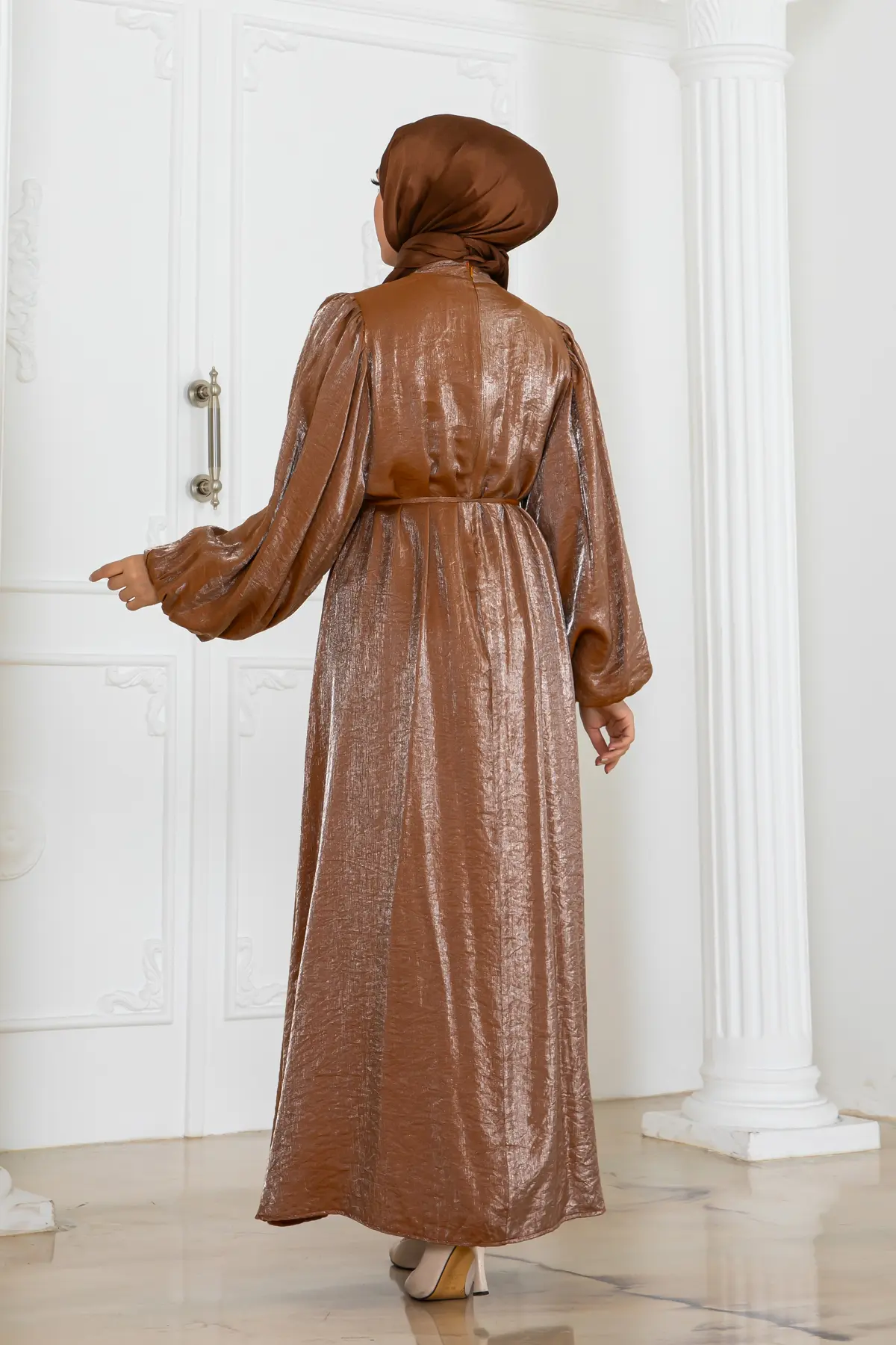 Shiny Satin Balloon Sleeve Dress-detail