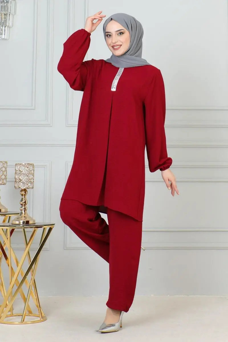 Payet Detaylı Tesettür Takım Bordo-detail
