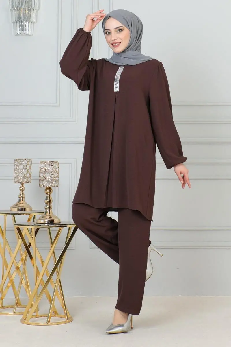 Payet Detaylı Tesettür Takım Kahverengi-detail