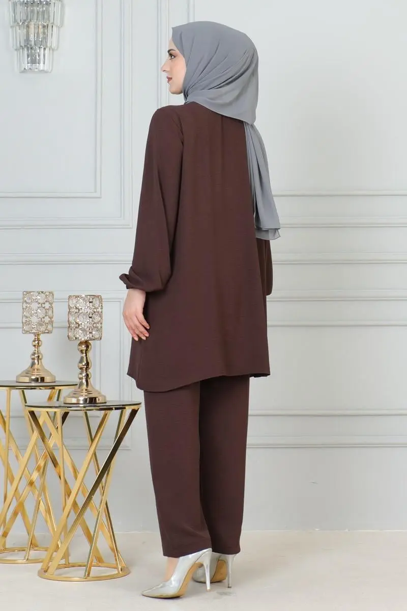 Payet Detaylı Tesettür Takım Kahverengi-detail