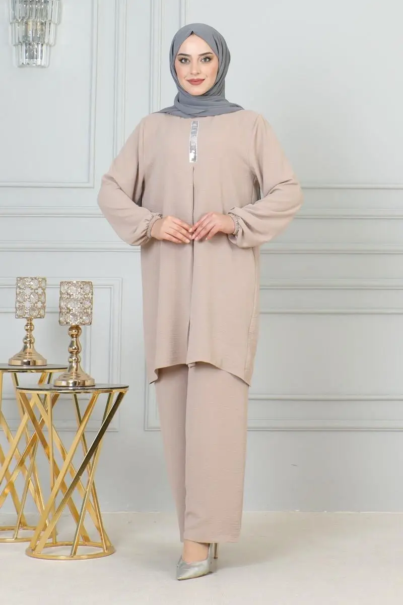 Payet Detaylı Tesettür Takım Vizon-detail