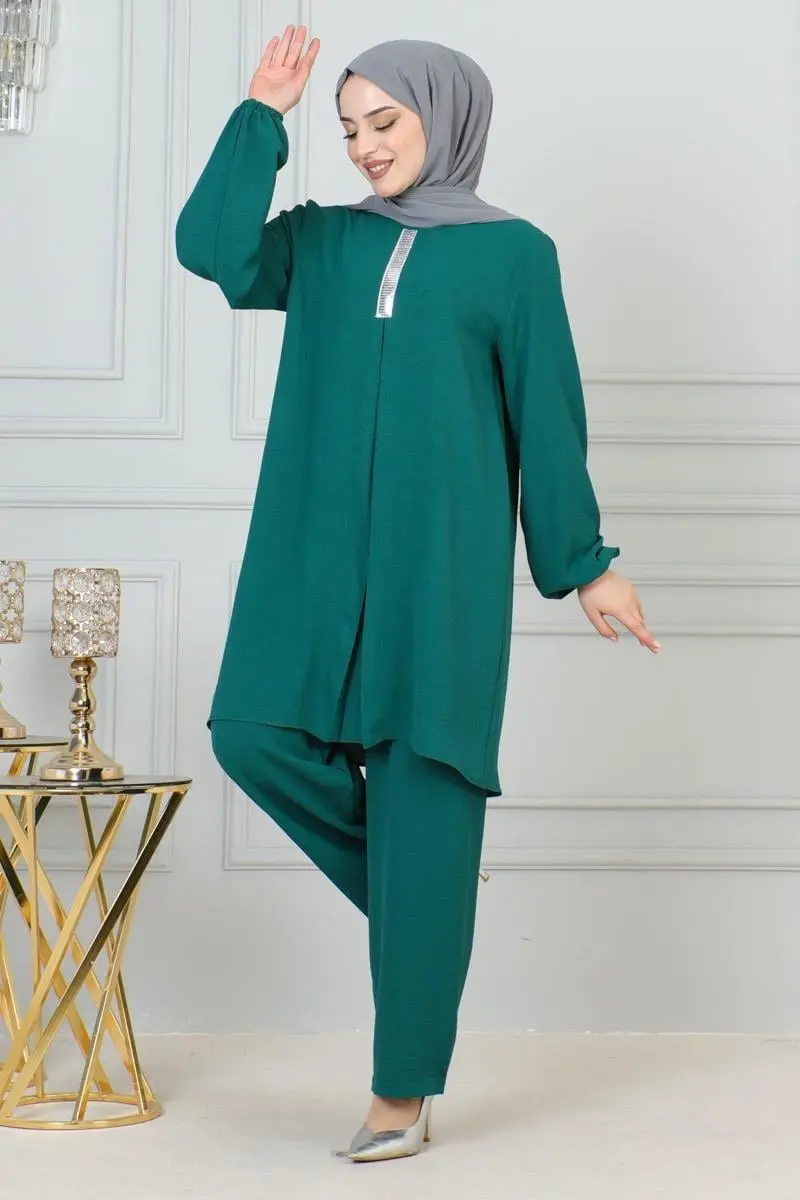 Payet Detaylı Tesettür Takım Yeşil-detail
