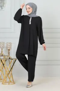 Payet Detaylı Tesettür Takım Siyah