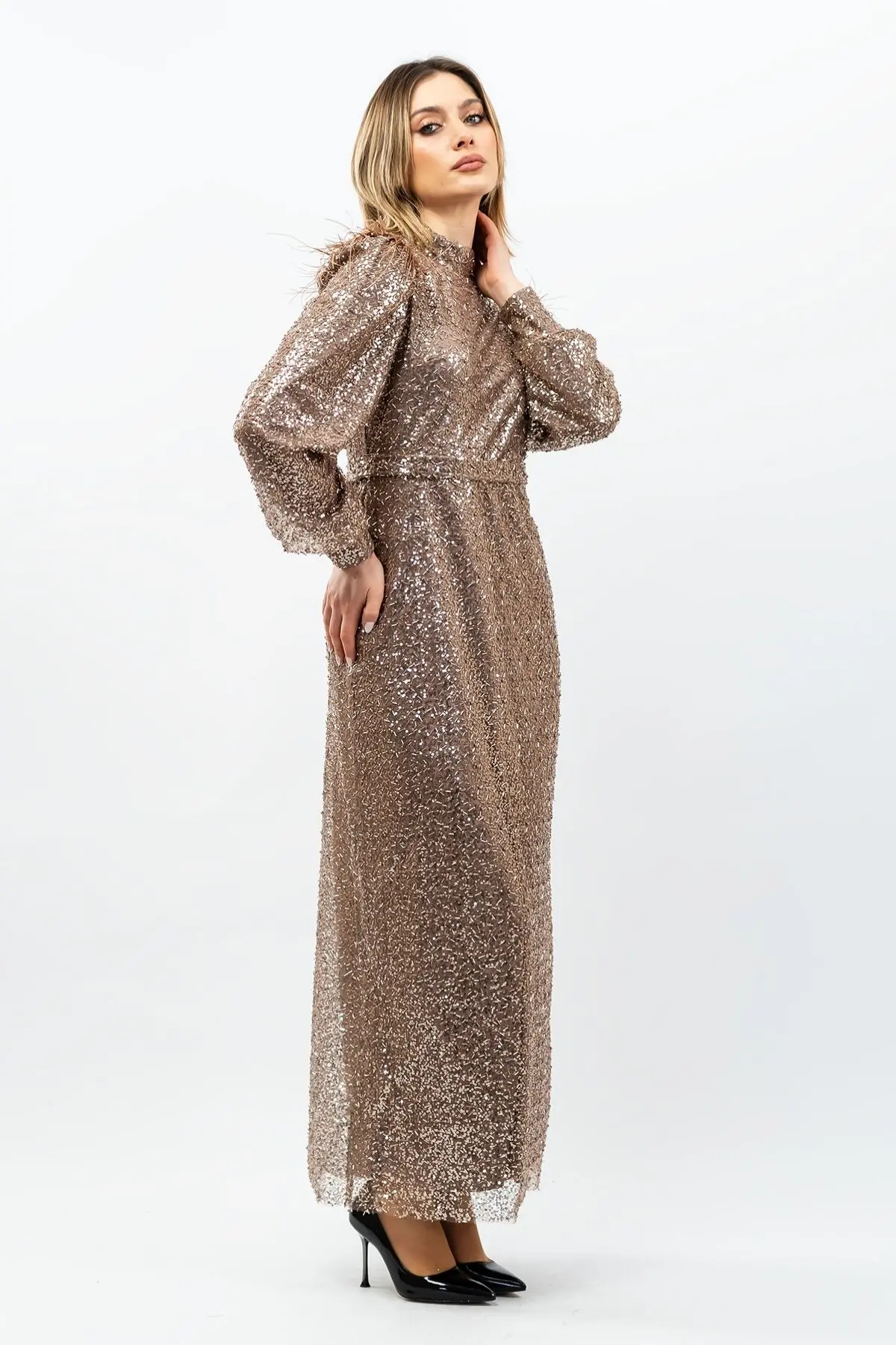 Payetli Abiye Elbise Bakır-detail