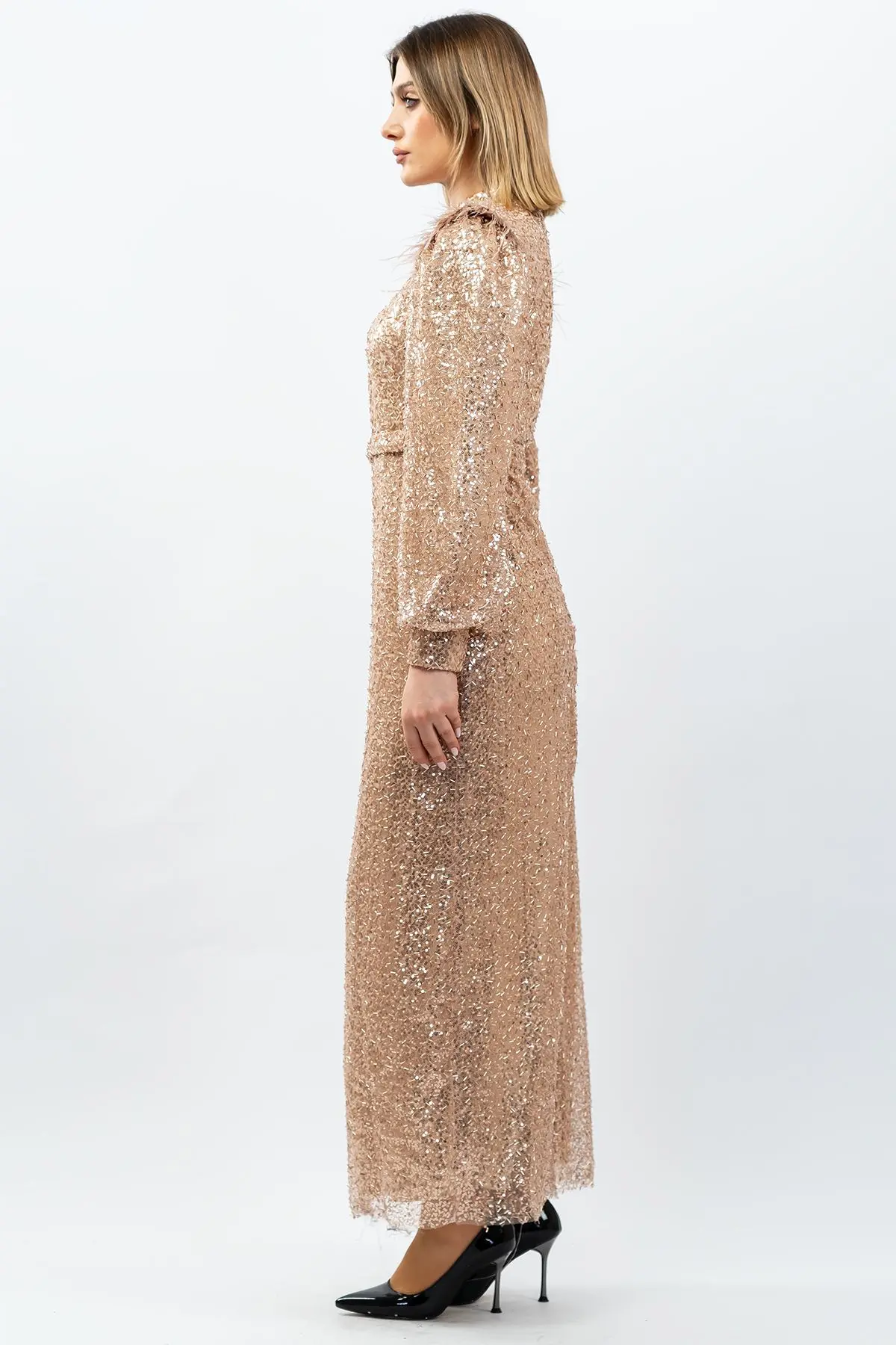 Payetli Abiye Elbise Gold-detail