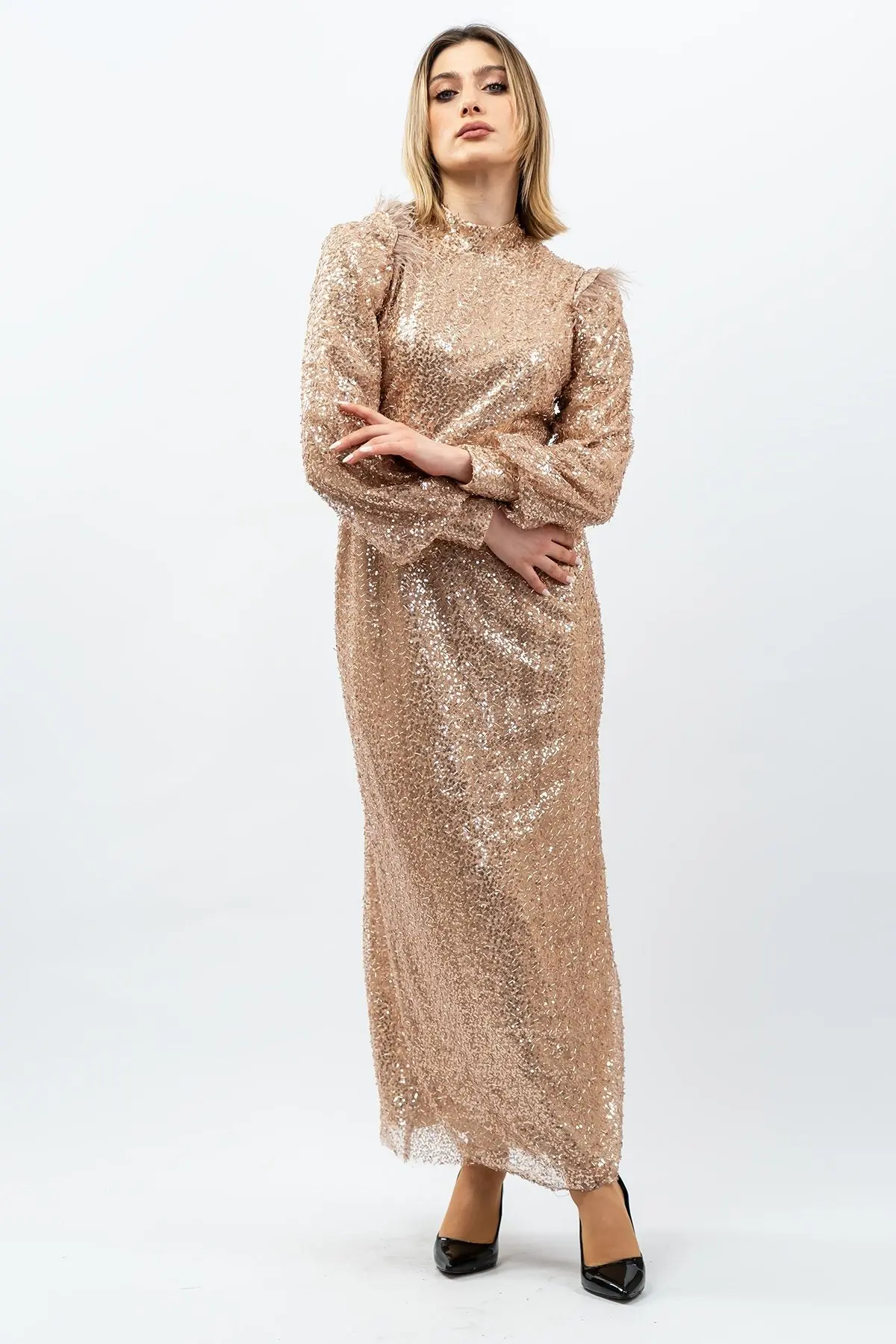 Payetli Abiye Elbise Gold-detail