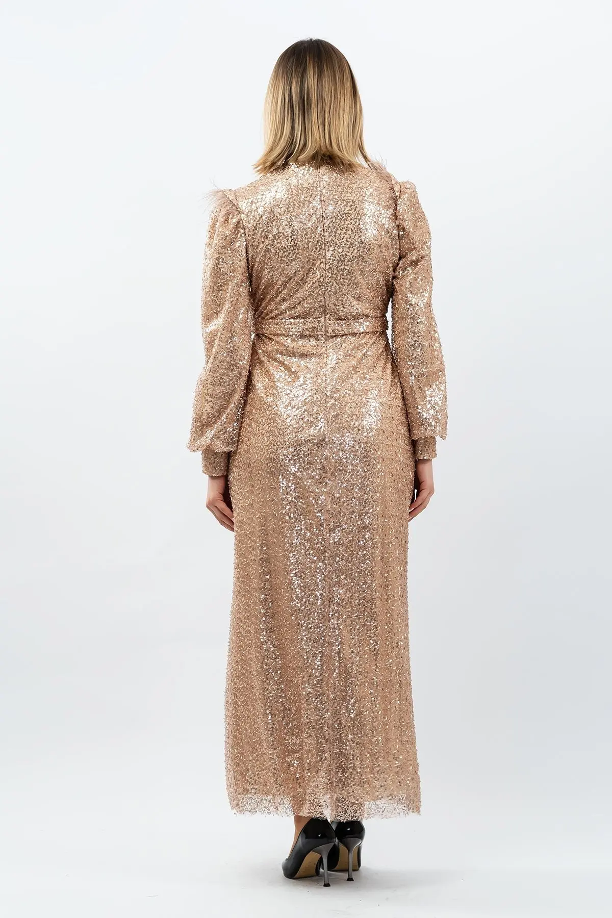 Payetli Abiye Elbise Gold-detail