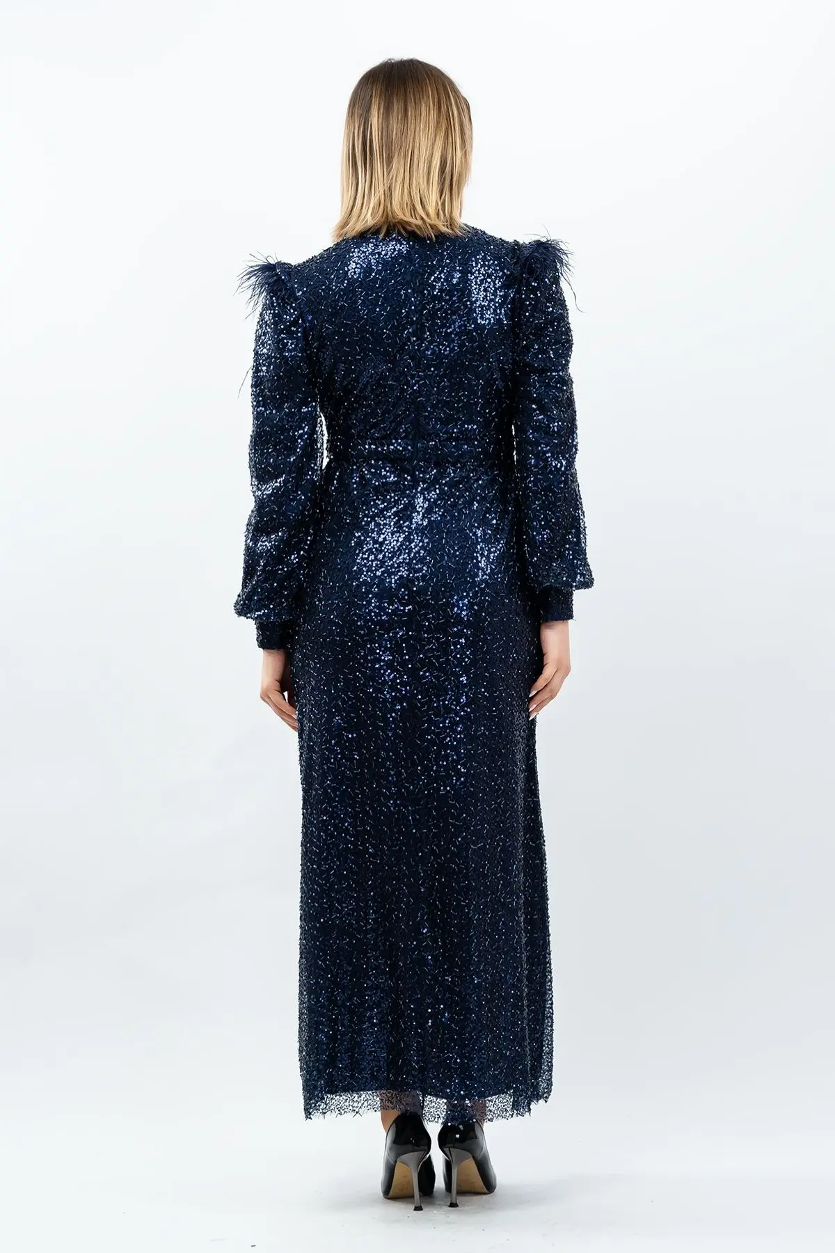Payetli Abiye Elbise Navy Blue-detail