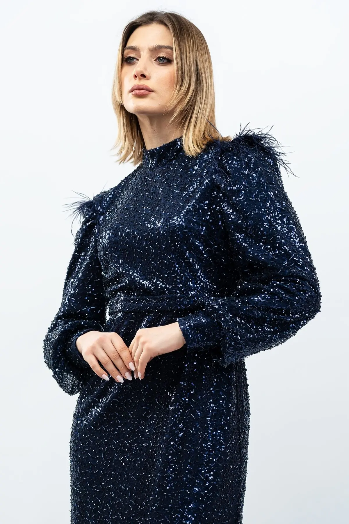 Payetli Abiye Elbise Navy Blue-detail