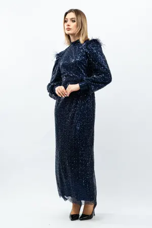 Sequined Evening Dress Navy Blue