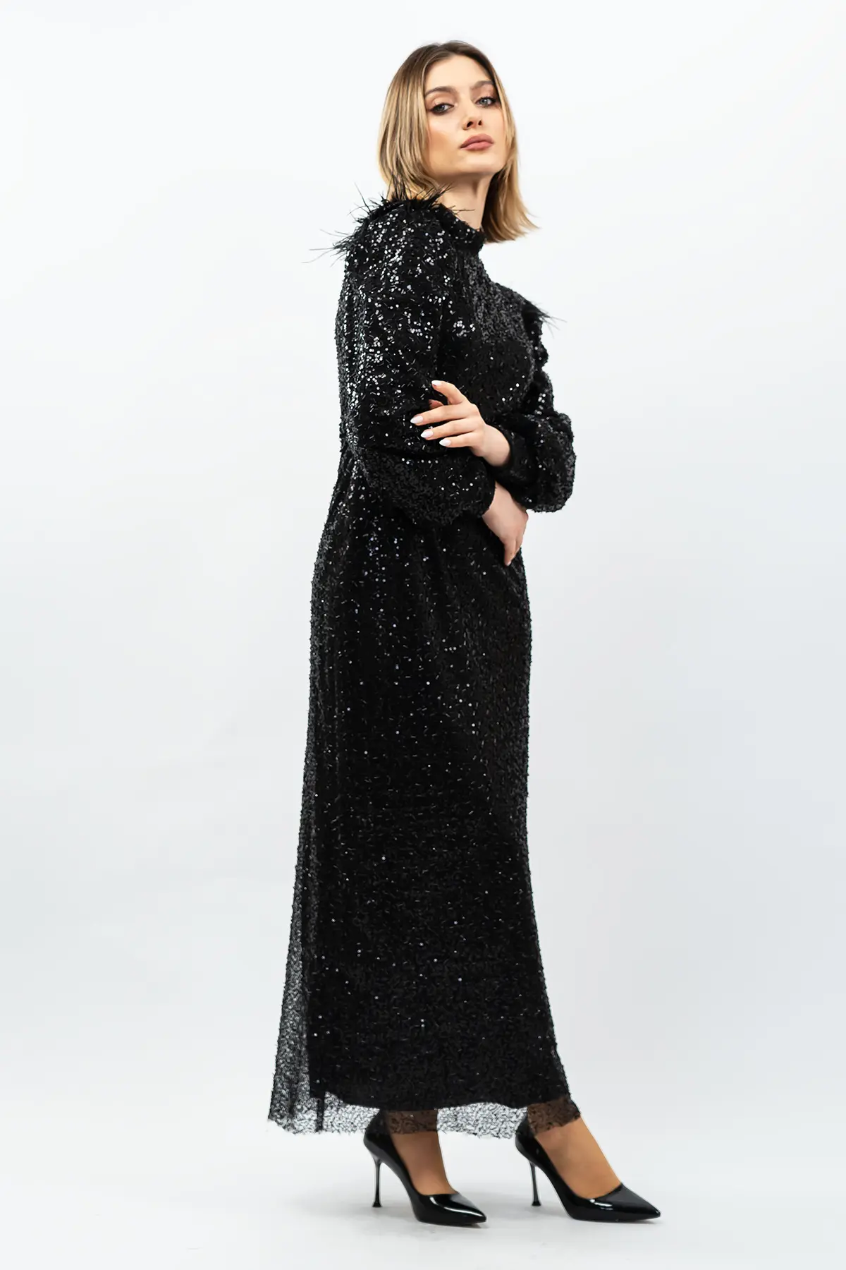 Payetli Abiye Elbise Siyah-detail