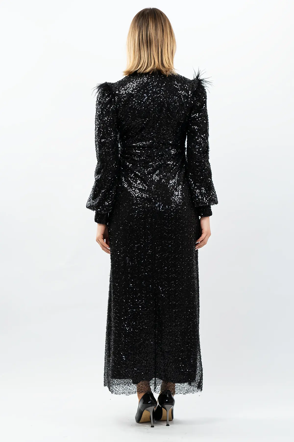 Payetli Abiye Elbise Siyah-detail