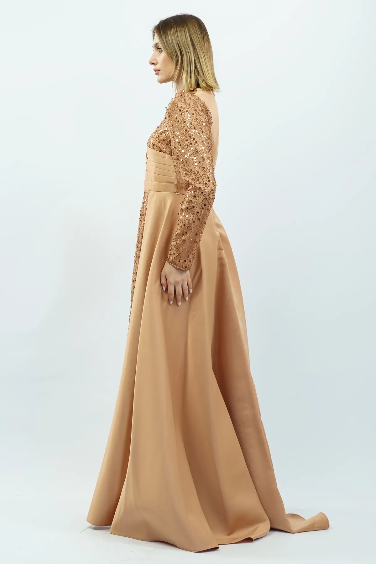 Payetli Drapeli Saten Abiye Elbise Gold-detail