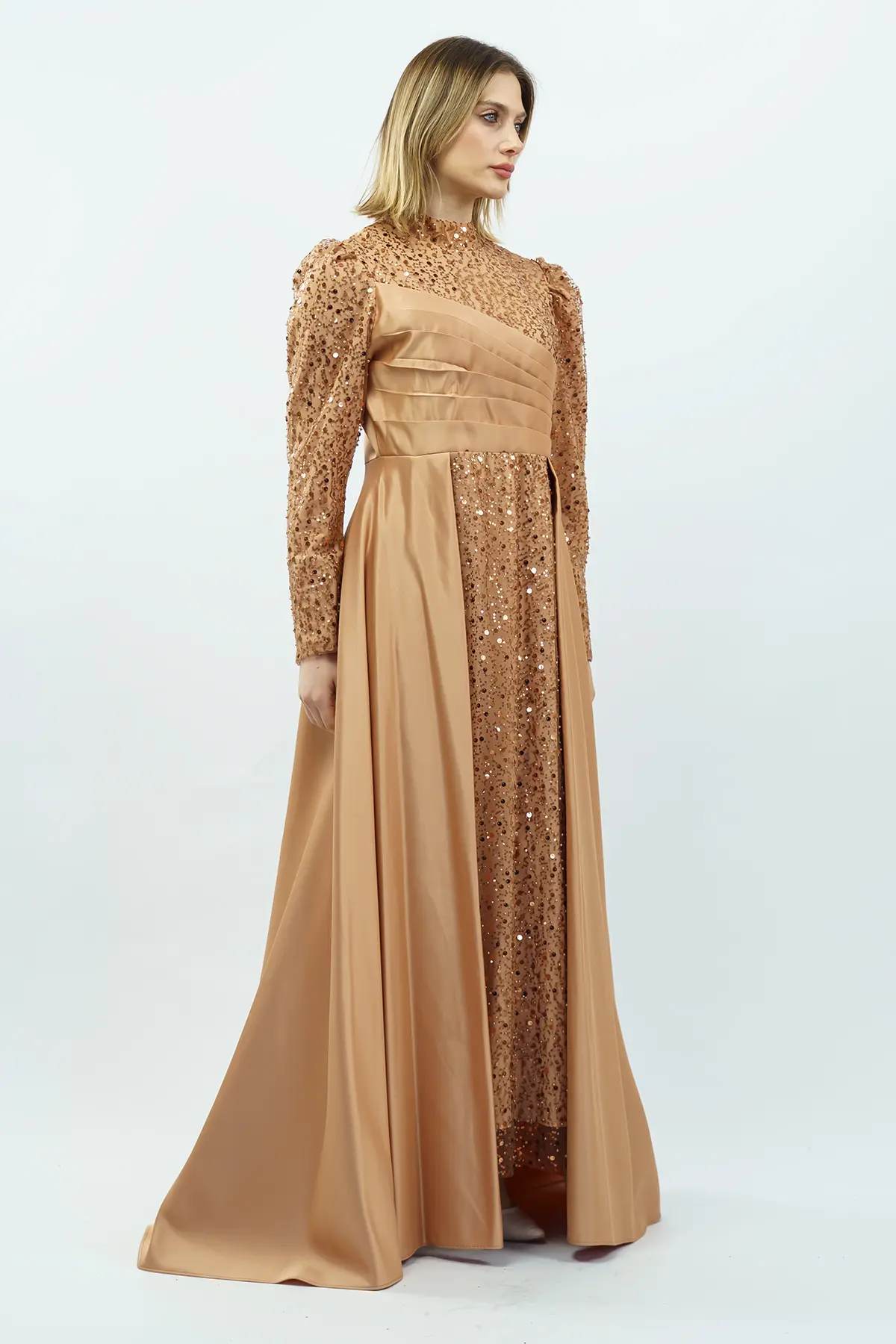Payetli Drapeli Saten Abiye Elbise Gold-detail