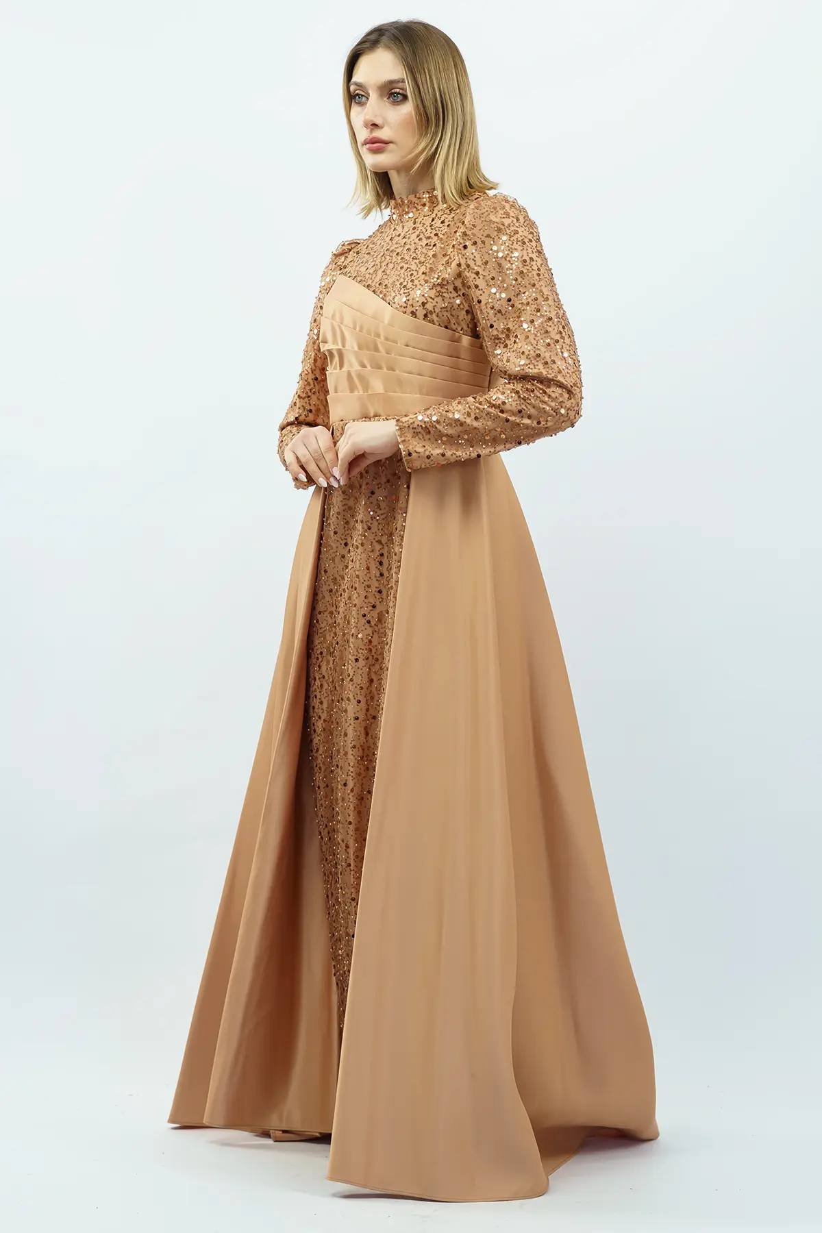 Payetli Drapeli Saten Abiye Elbise Gold-detail