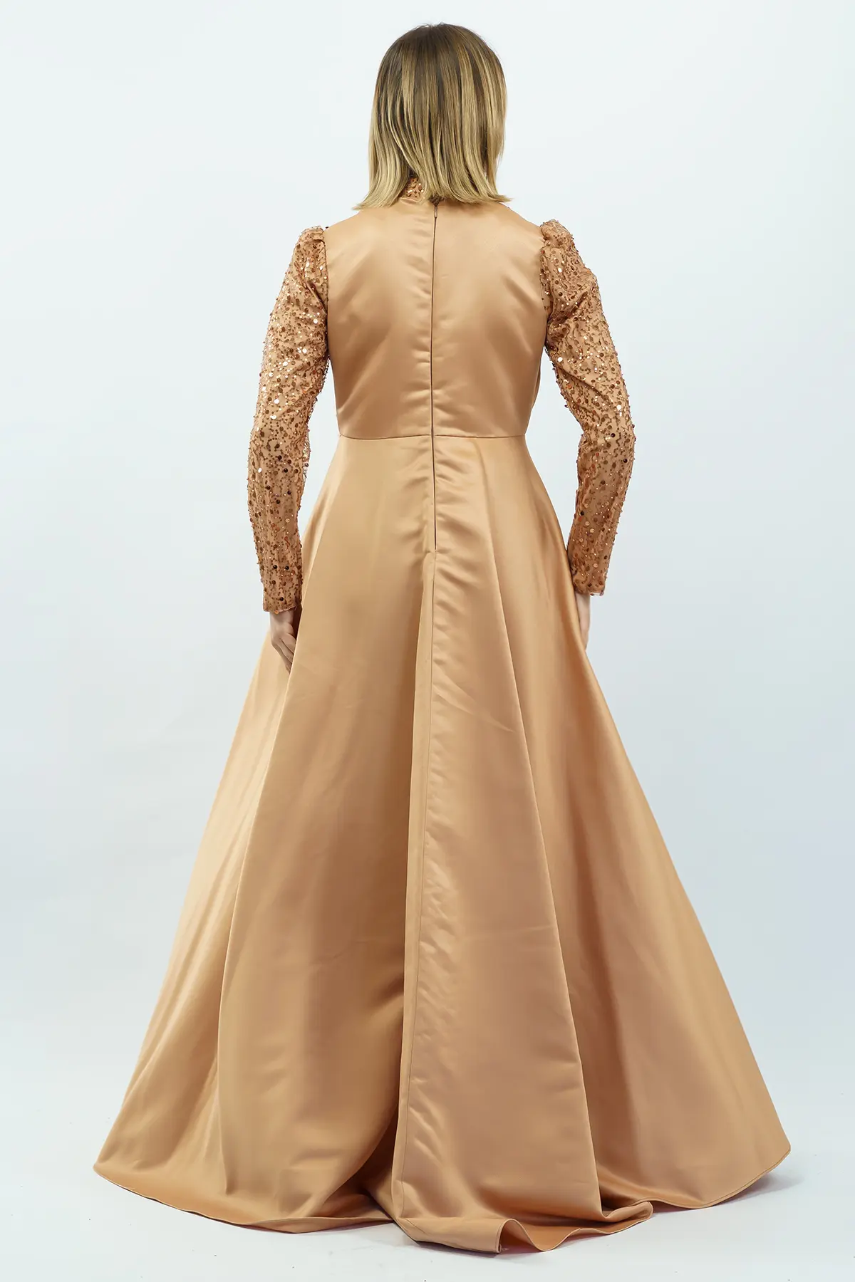 Payetli Drapeli Saten Abiye Elbise Gold-detail