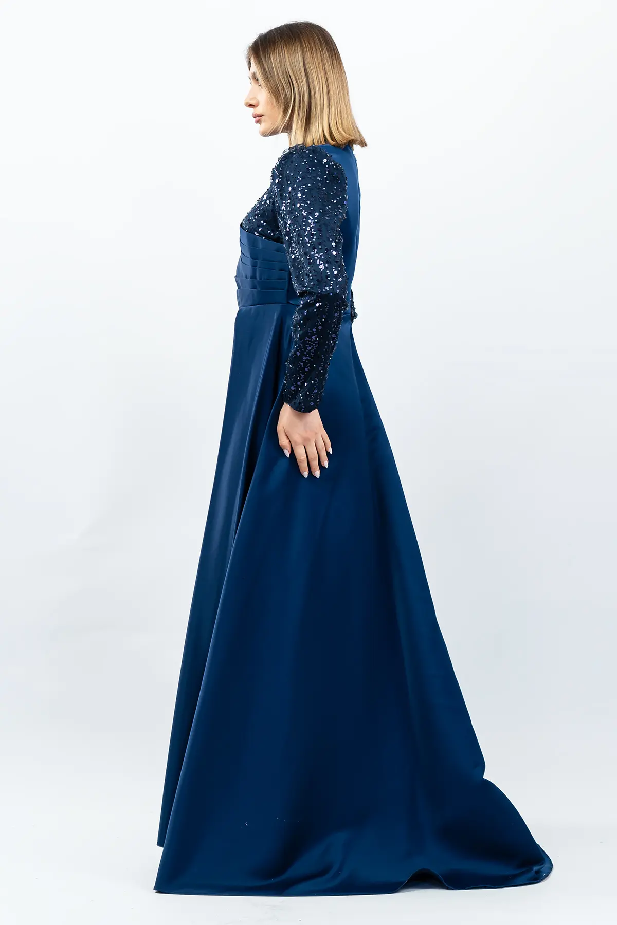 Payetli Drapeli Saten Abiye Elbise Lacivert-detail