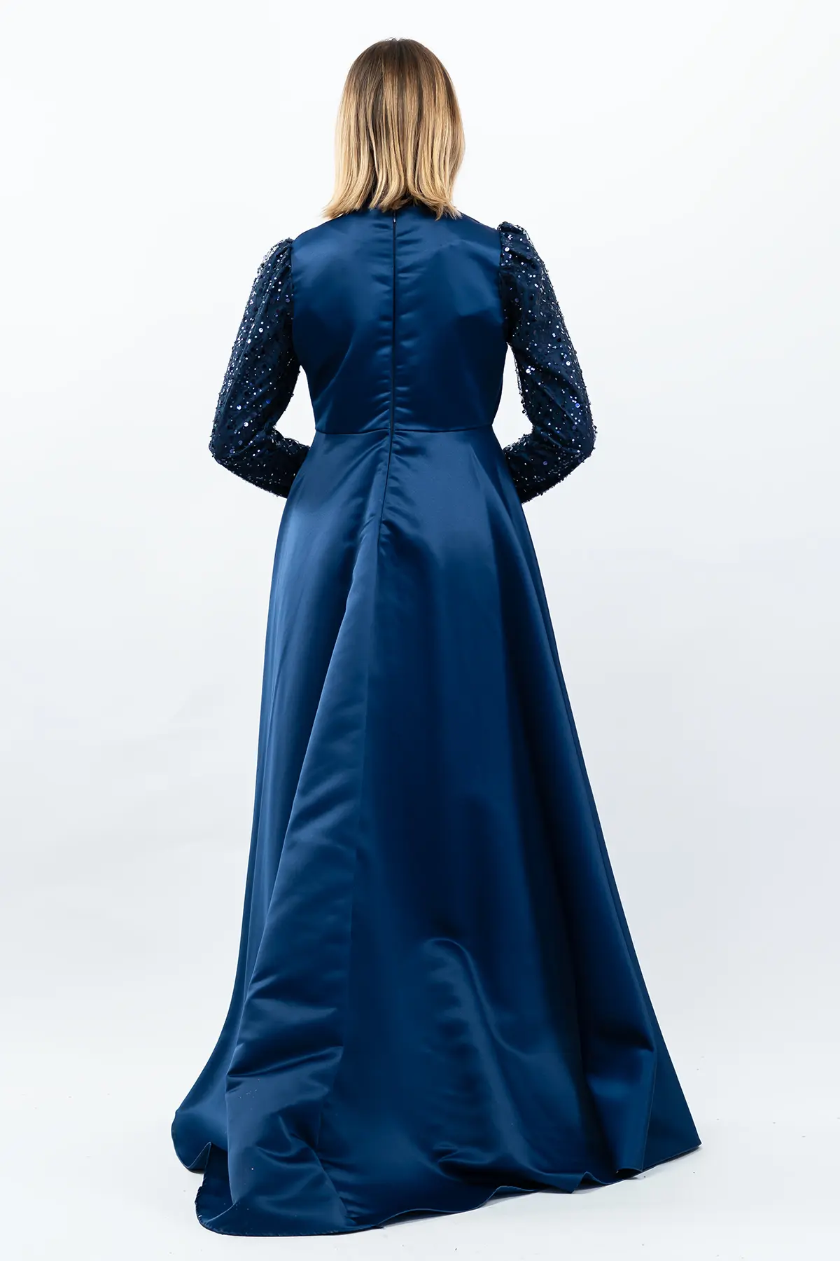 Payetli Drapeli Saten Abiye Elbise Lacivert-detail