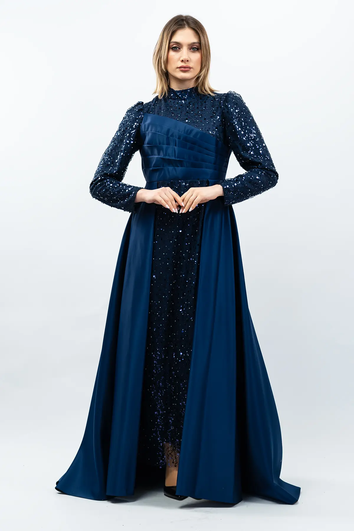 Payetli Drapeli Saten Abiye Elbise Lacivert-detail