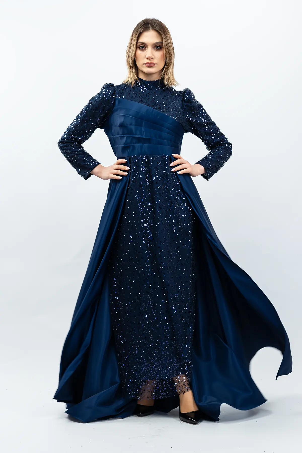 Payetli Drapeli Saten Abiye Elbise Lacivert-detail