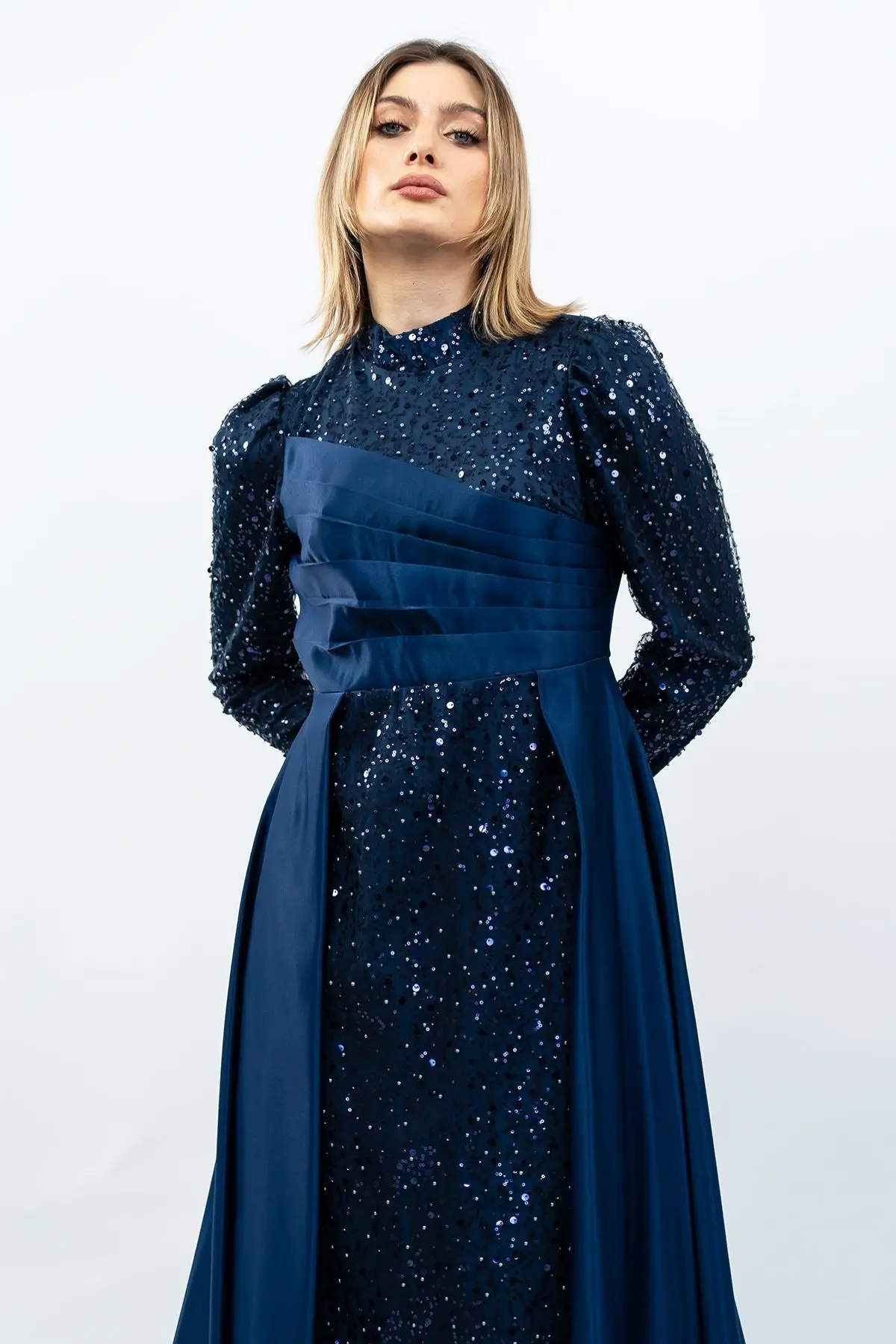 Payetli Drapeli Saten Abiye Elbise Lacivert-detail