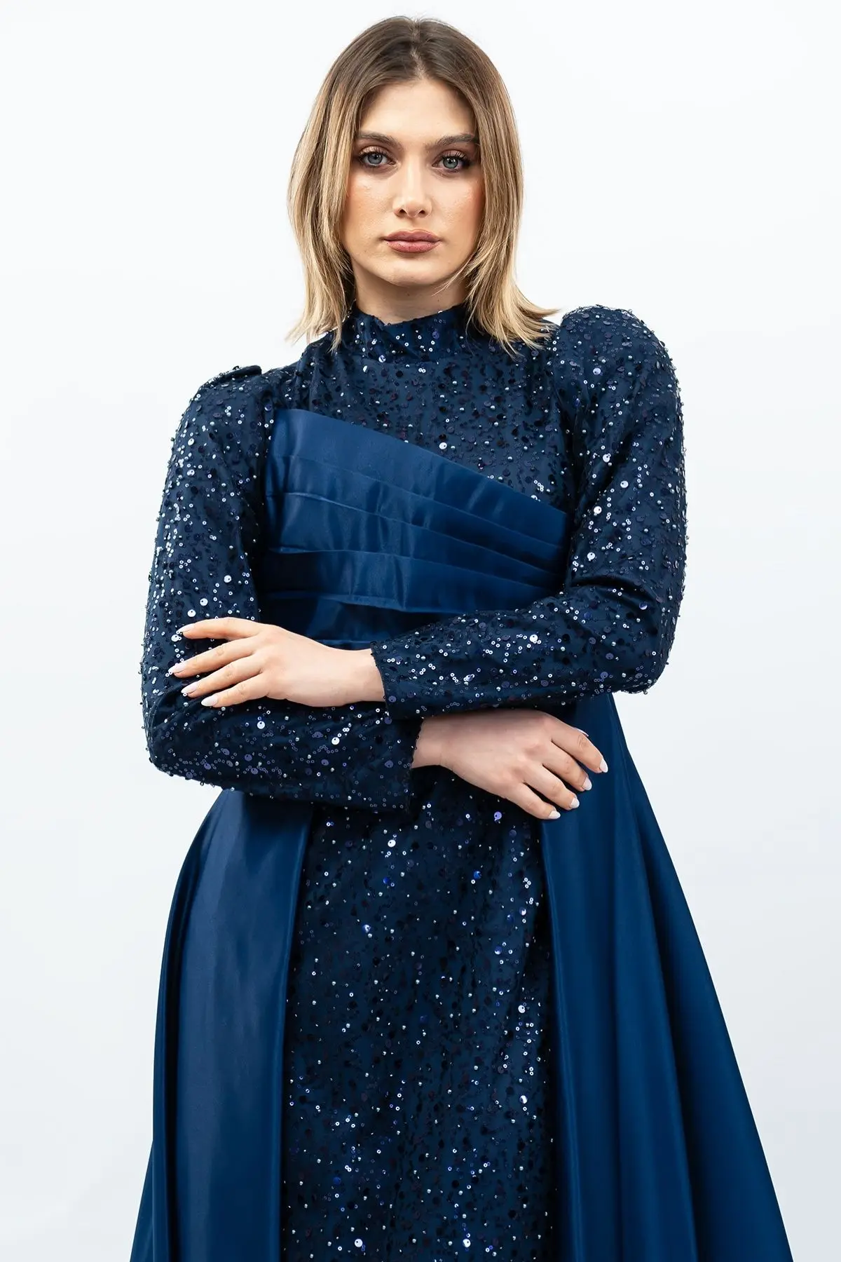 Payetli Drapeli Saten Abiye Elbise Lacivert-detail
