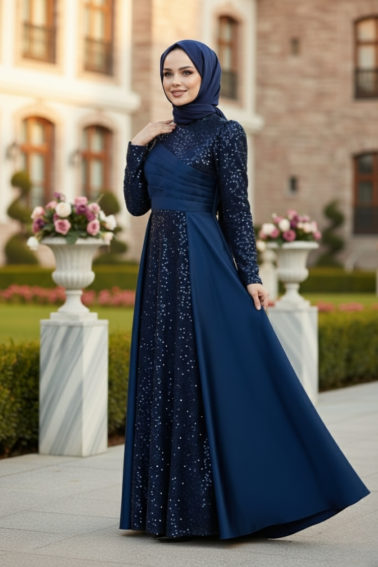 Sequined Draped Satin Evening Dress Navy Blue