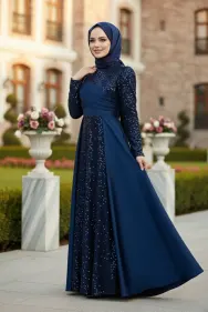 Sequined Draped Satin Evening Dress Navy Blue