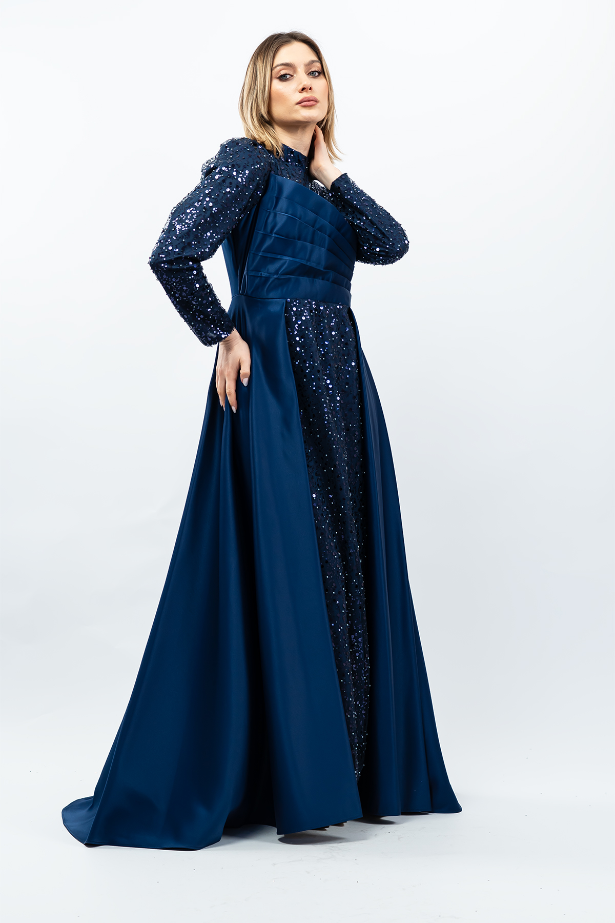 Payetli Drapeli Saten Abiye Elbise Lacivert