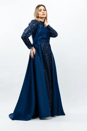 Payetli Drapeli Saten Abiye Elbise Lacivert