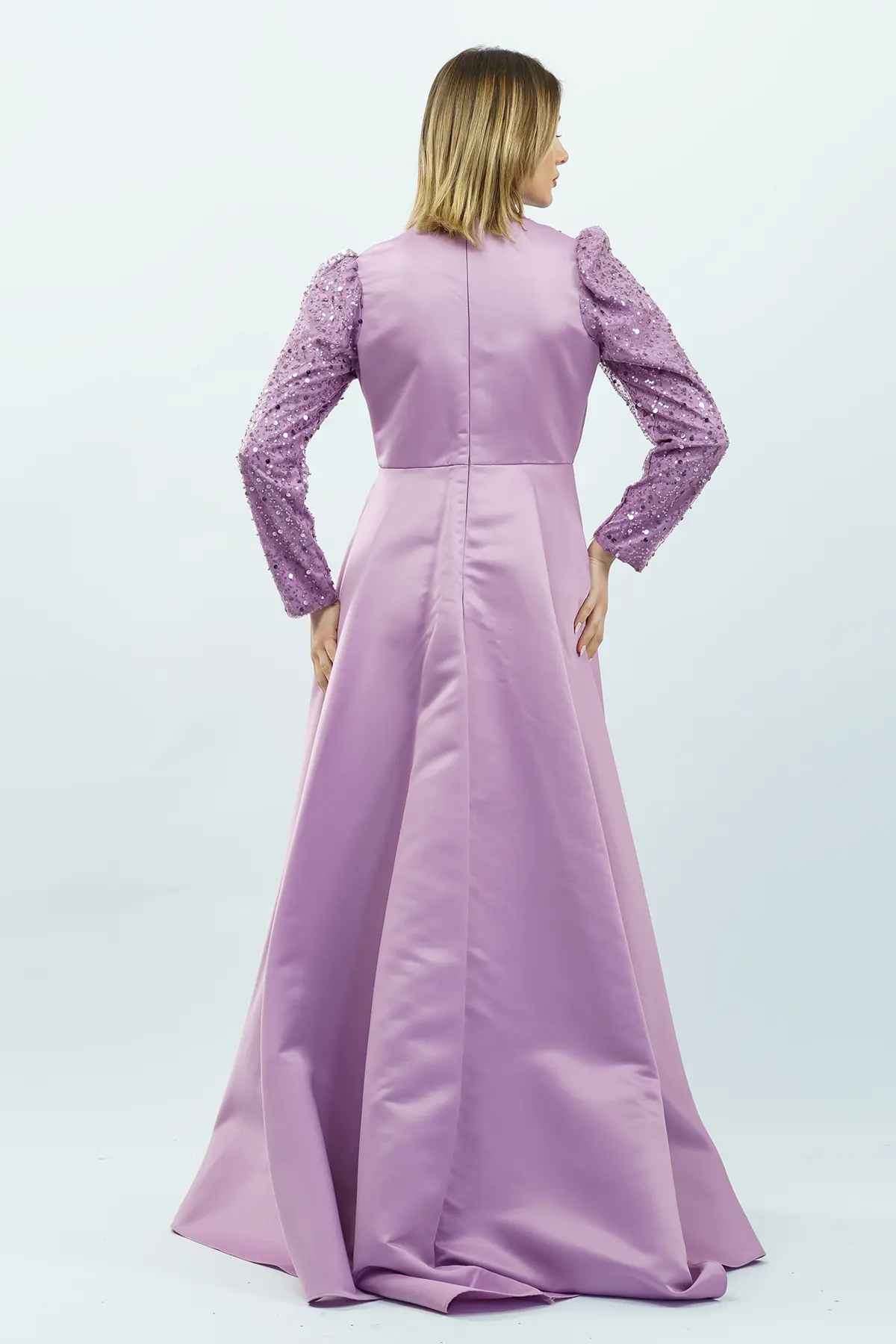Payetli Drapeli Saten Abiye Elbise Lila-detail