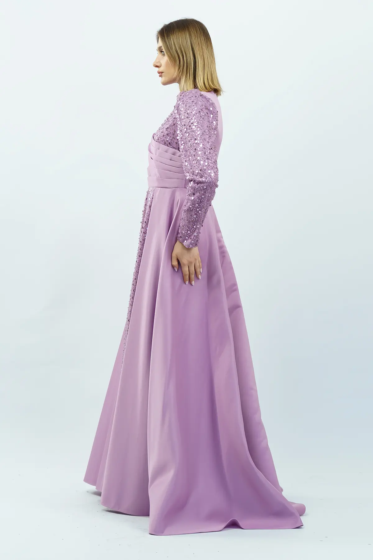 Payetli Drapeli Saten Abiye Elbise Lila-detail